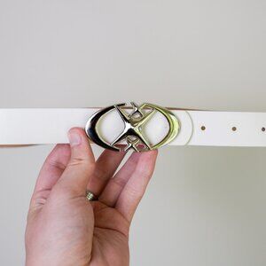 y2k chrome star buckle white leather belt — 2000s pop style